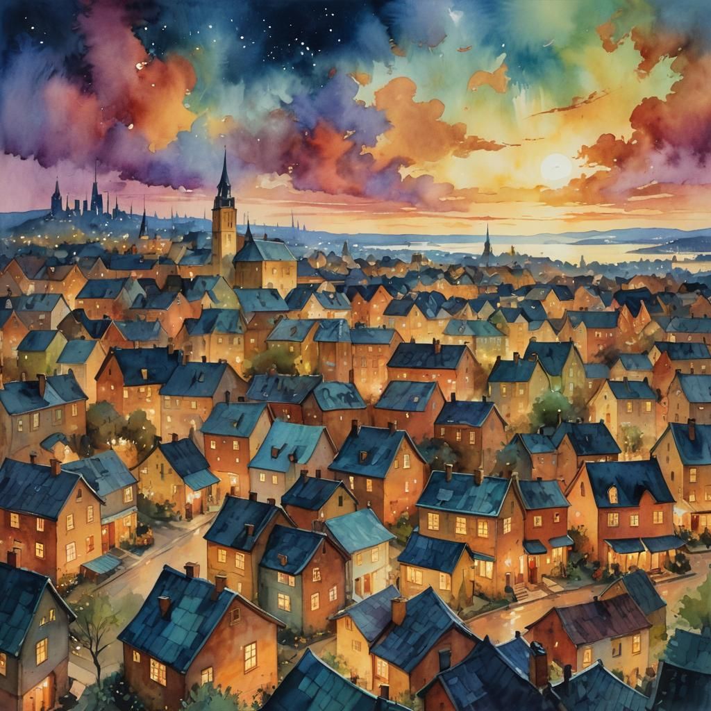 Quaint Village Meets City at Night, Watercolor and Oil