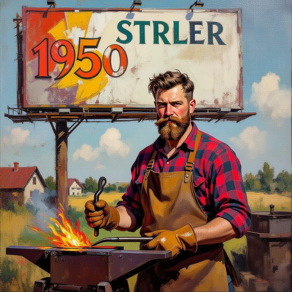 Blacksmith and Billboard in Expressionist Style