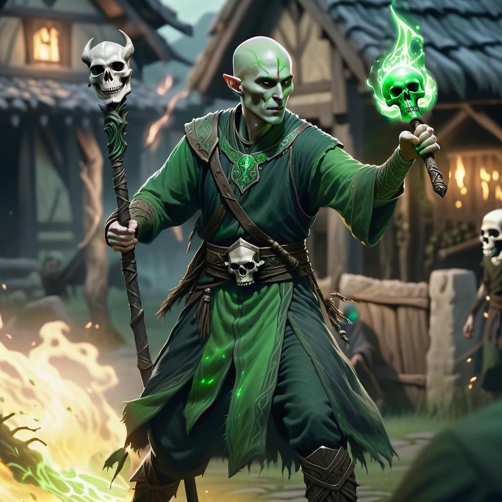 Half-elf necromancer terrorising the villagers.