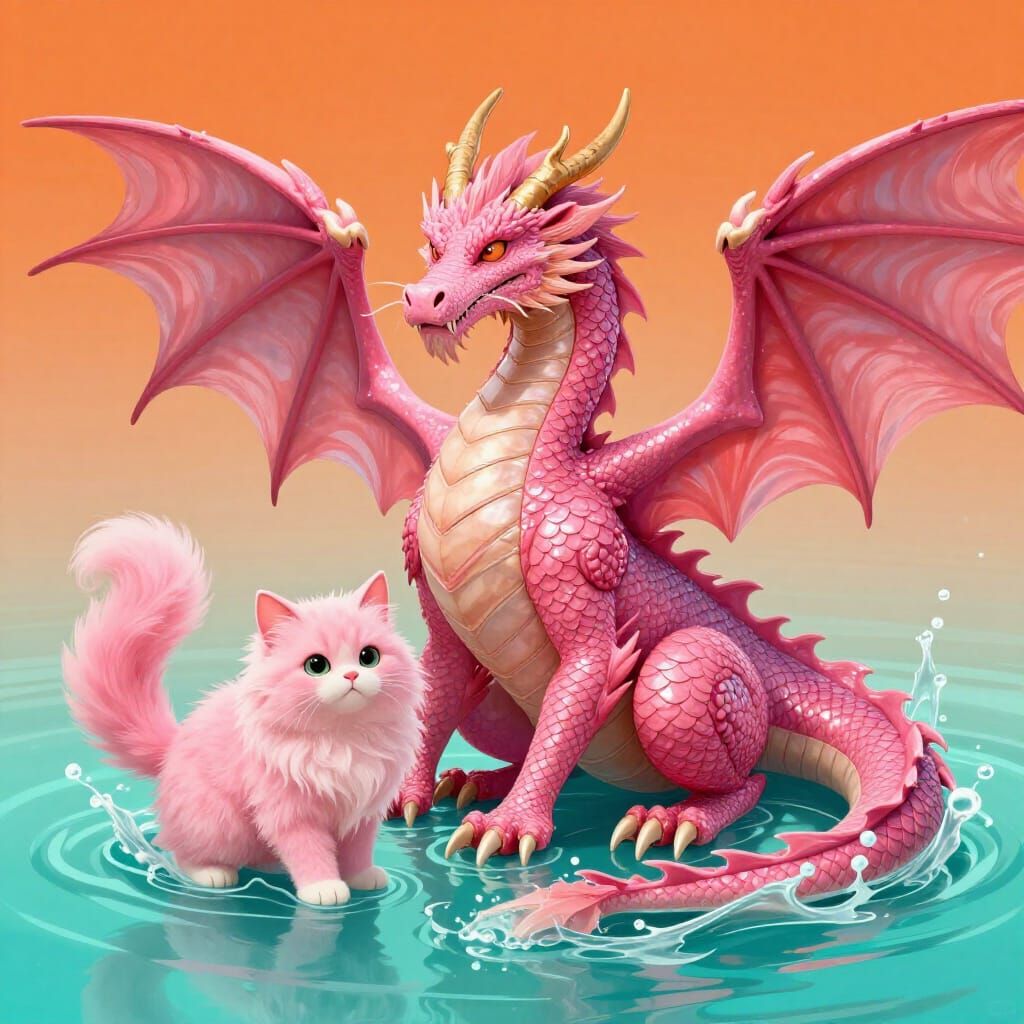 Pink Dragon and Winged Cat in Alcohol Ink Style