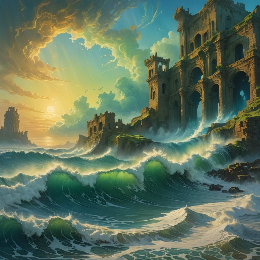 Mystical Wave Crashing on Ancient Shore in Fantasy Art