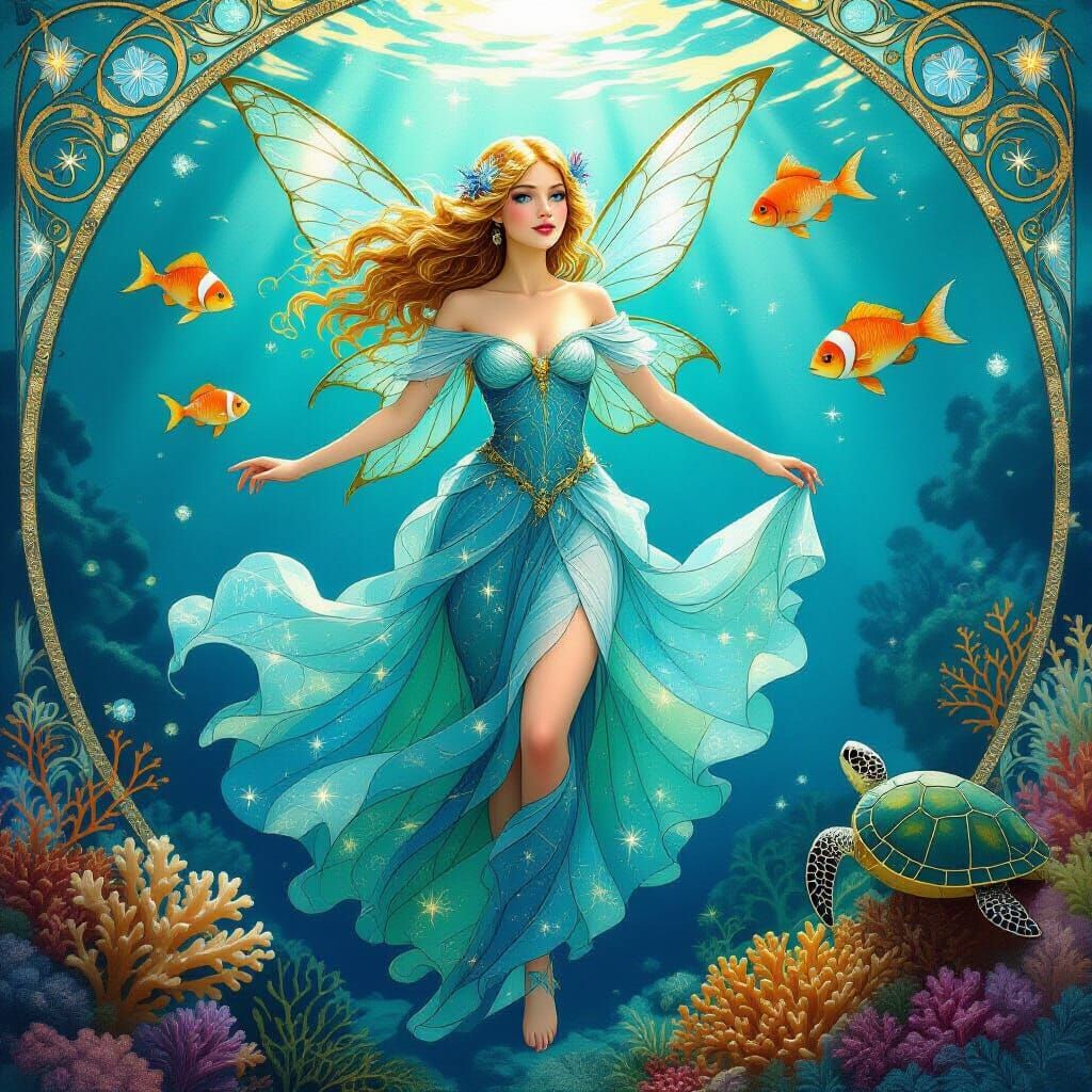 Fairy Dances Through Coral Reef: Art Nouveau Style