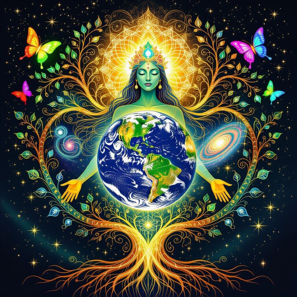 Mystical Figure Filled with Glowing Earth & Tree of Life