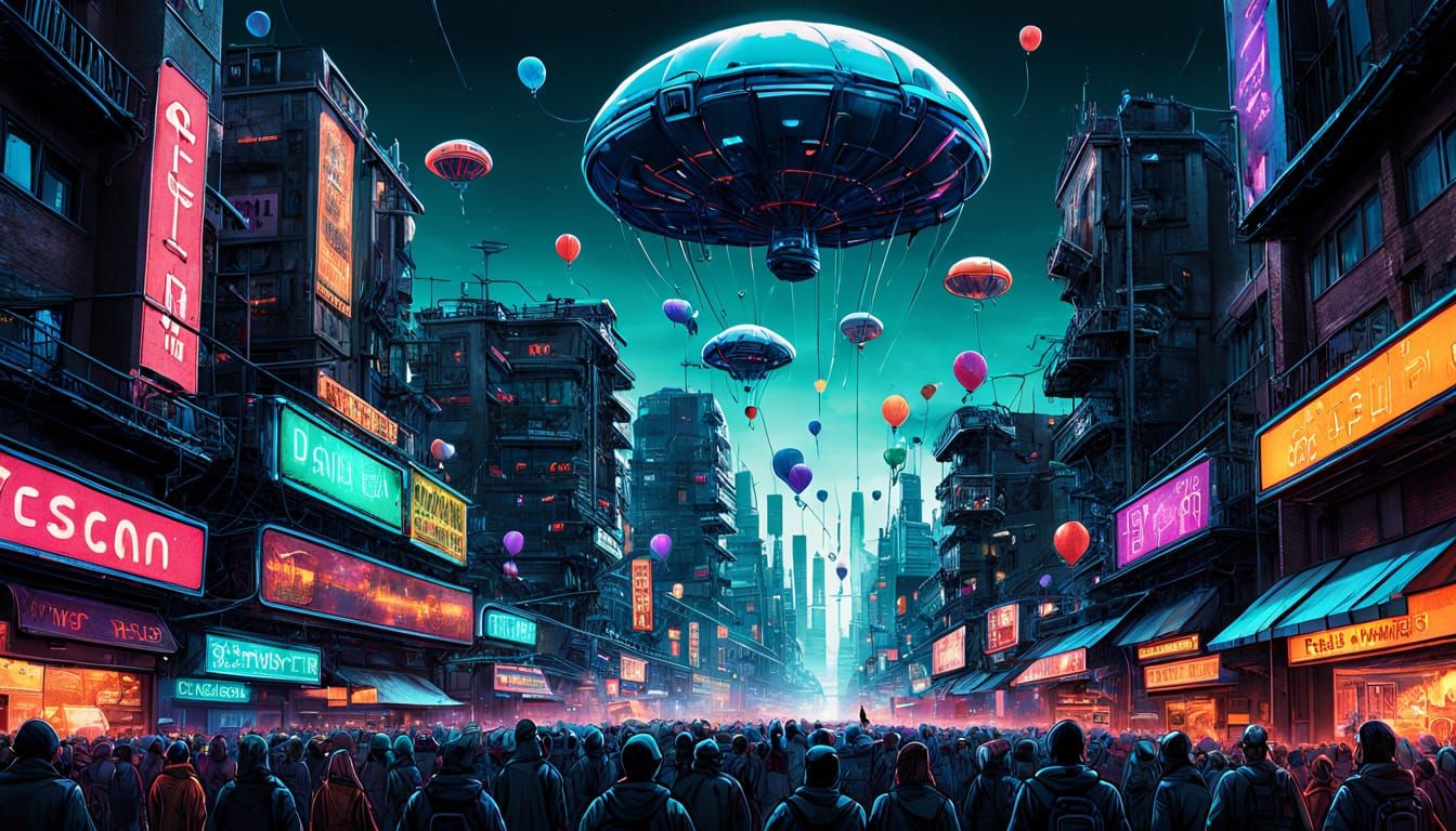 Futuristic Parade Chaos: UFOs, Floating Arch, Holographic Si...