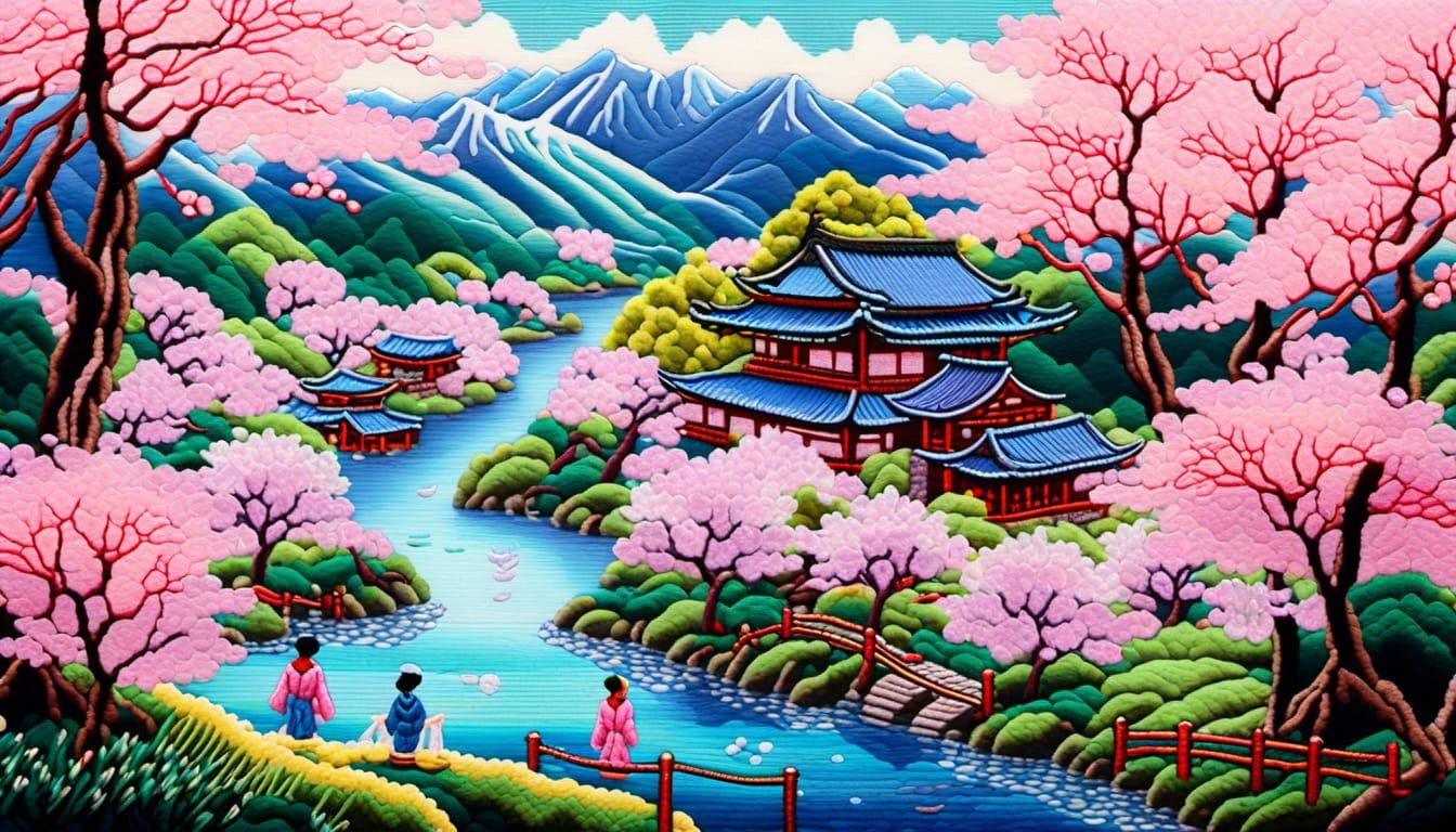 Japanese Cherry Blossom Needlepoint Embroidery Artwork