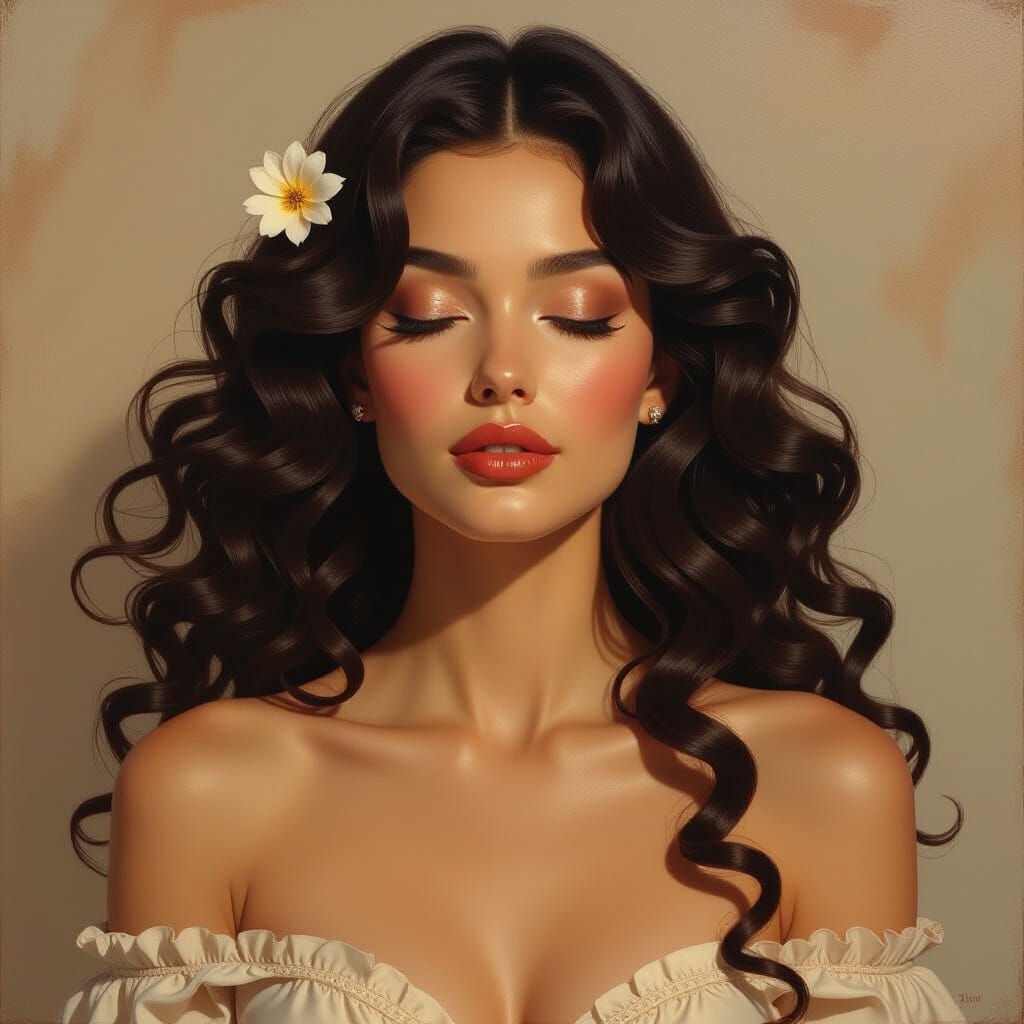 Baroque Oil Painting of a Beautiful Woman with Flowing Hair
