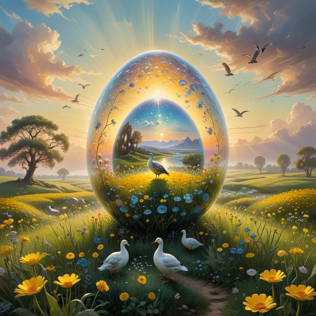 Surreal Landscape with Fabergé Egg and Geese in Dandelion Fi...