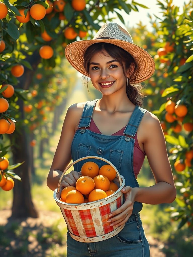 Young Gardener with Oranges in Sunlit Orchard