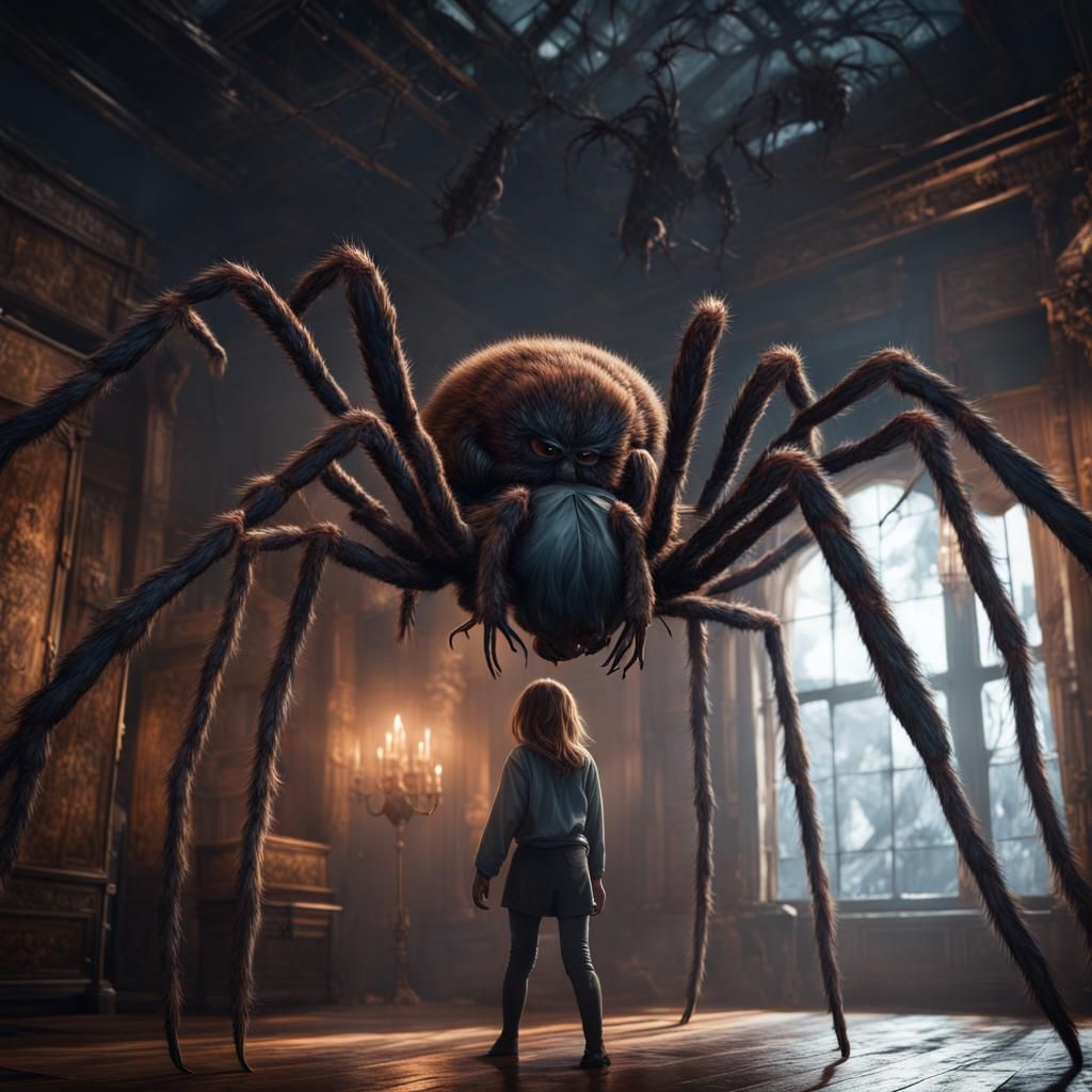 large spider over a scared girl