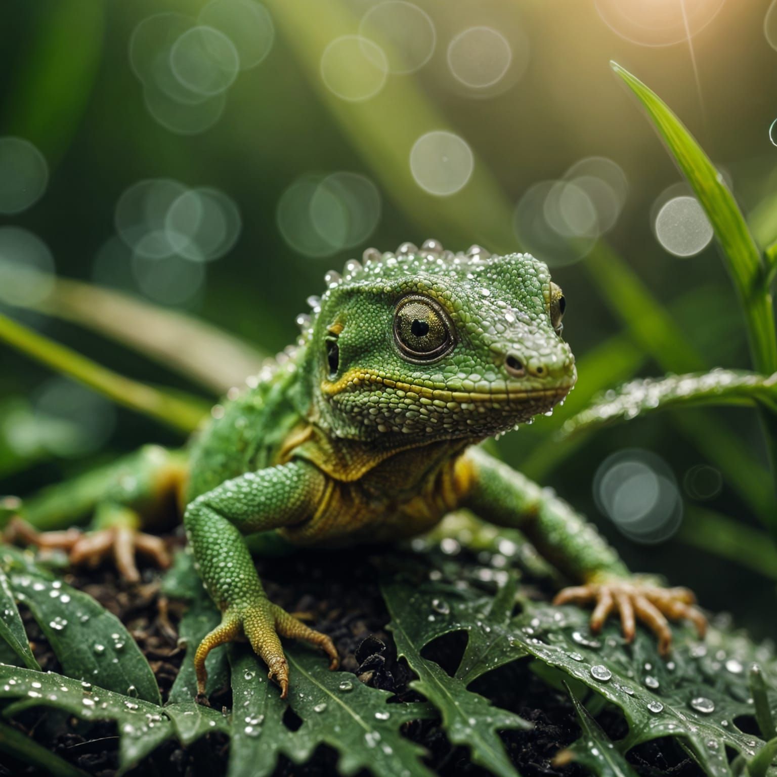 Detailed Lizard Portrait in Dewy Plants