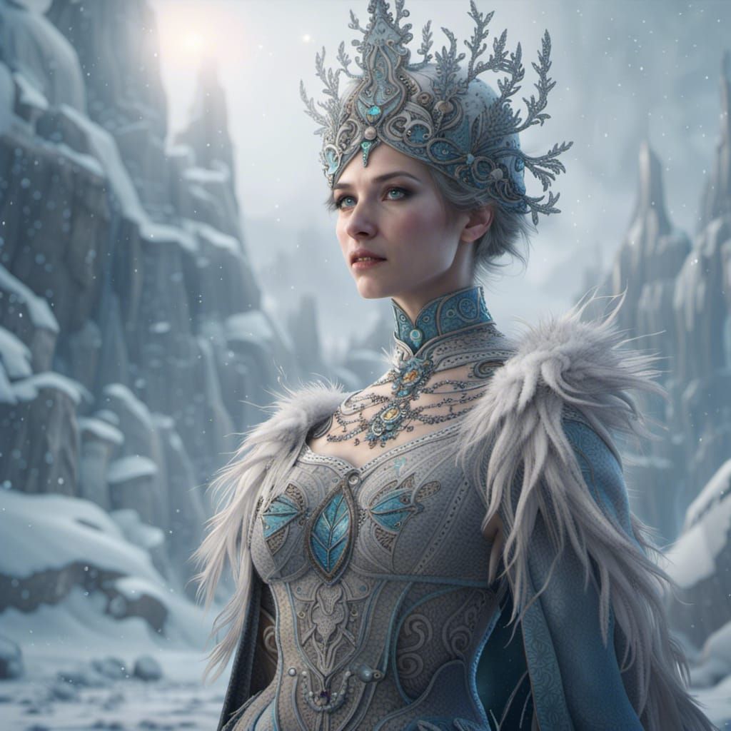 Snow Queen on Tundra in Snowstorm, Detailed Matte Painting