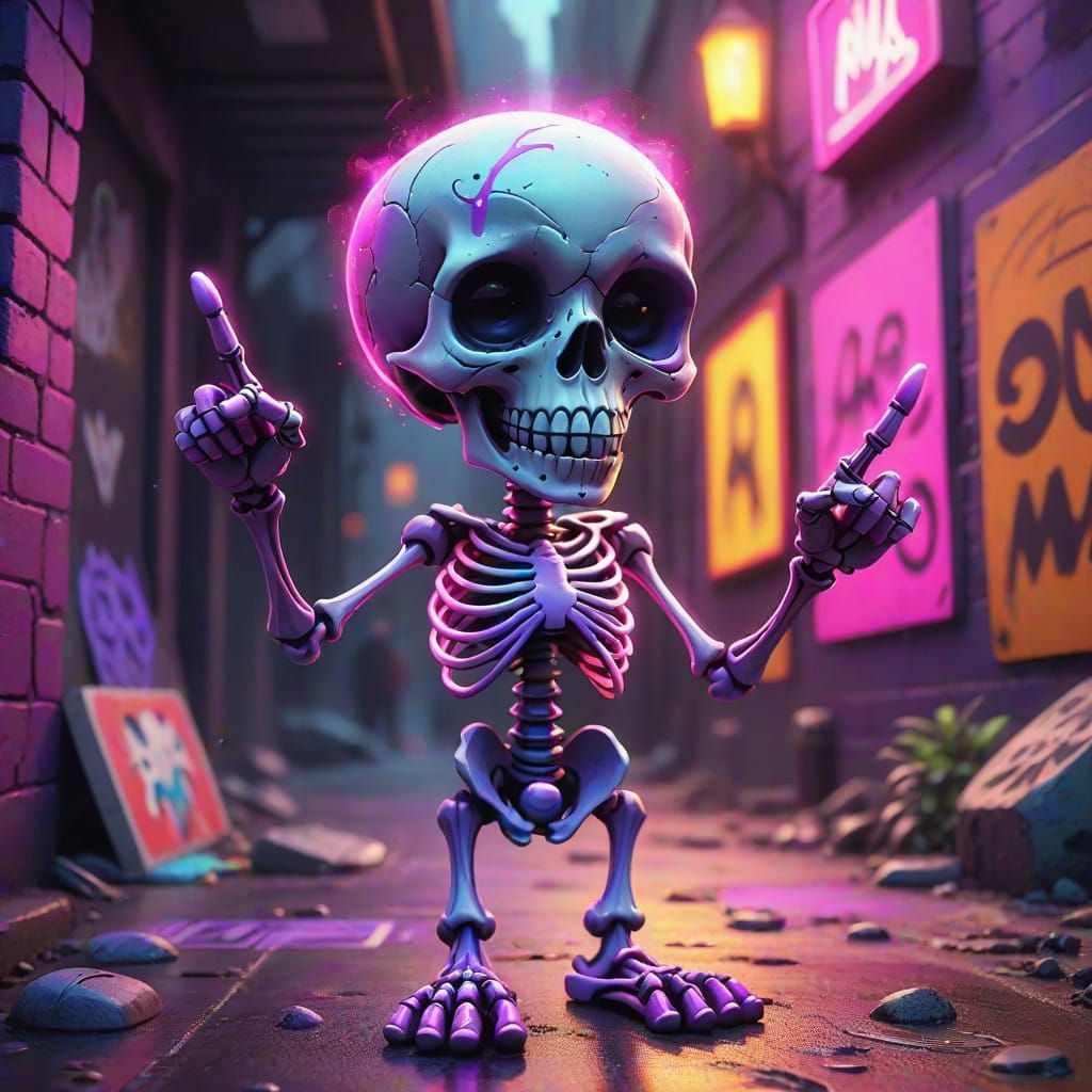 Kawaii Skeleton Under Radiant Neon Lights