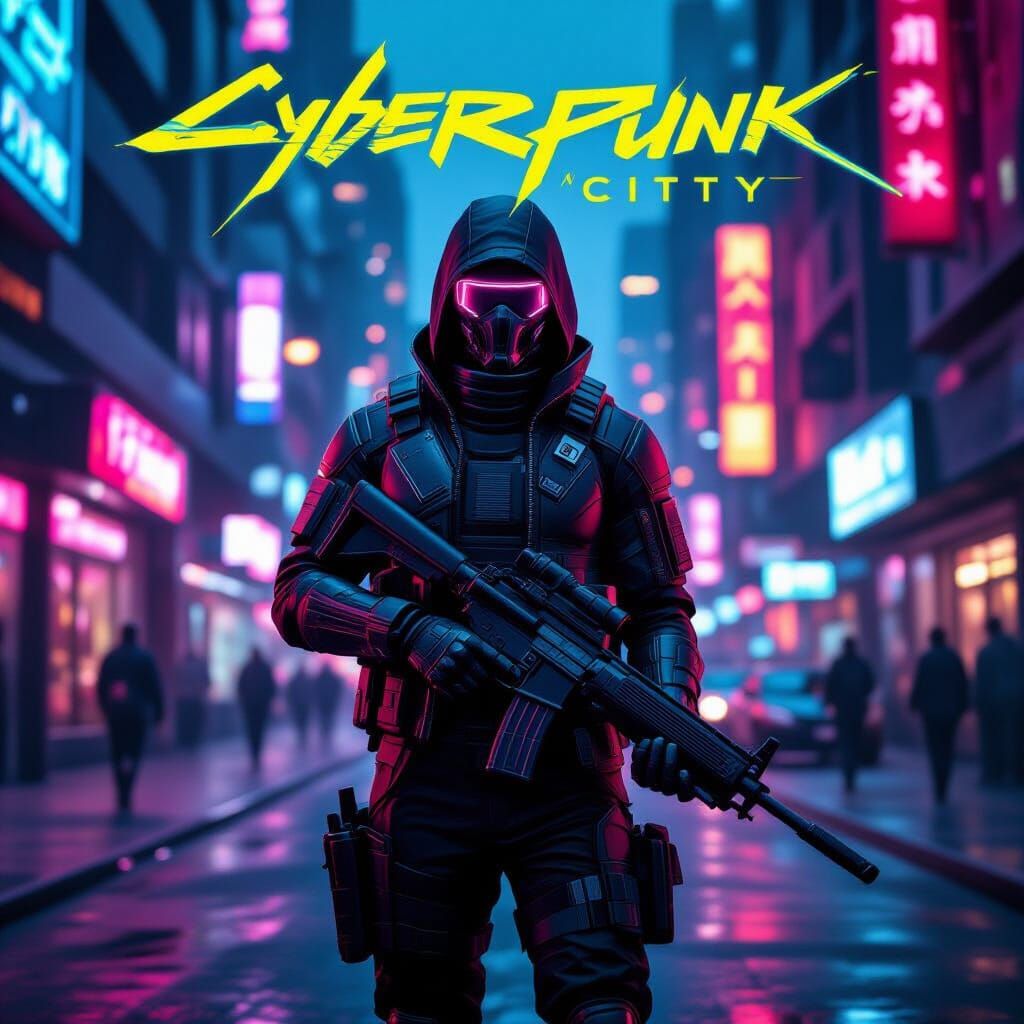 Cyberpunk Soldier in Neon Cityscape