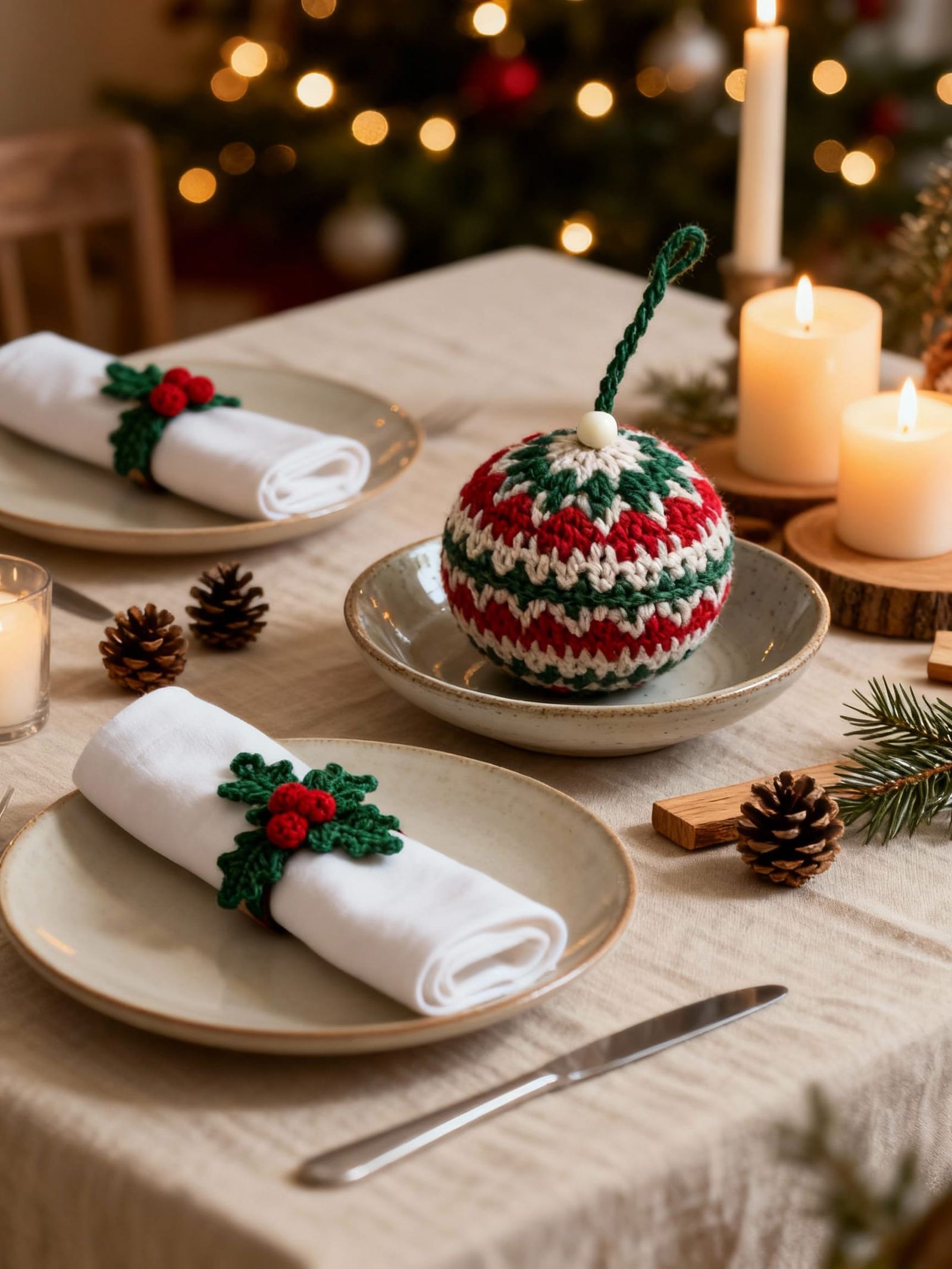 Cozy Christmas Table Setting with Crochet Bauble