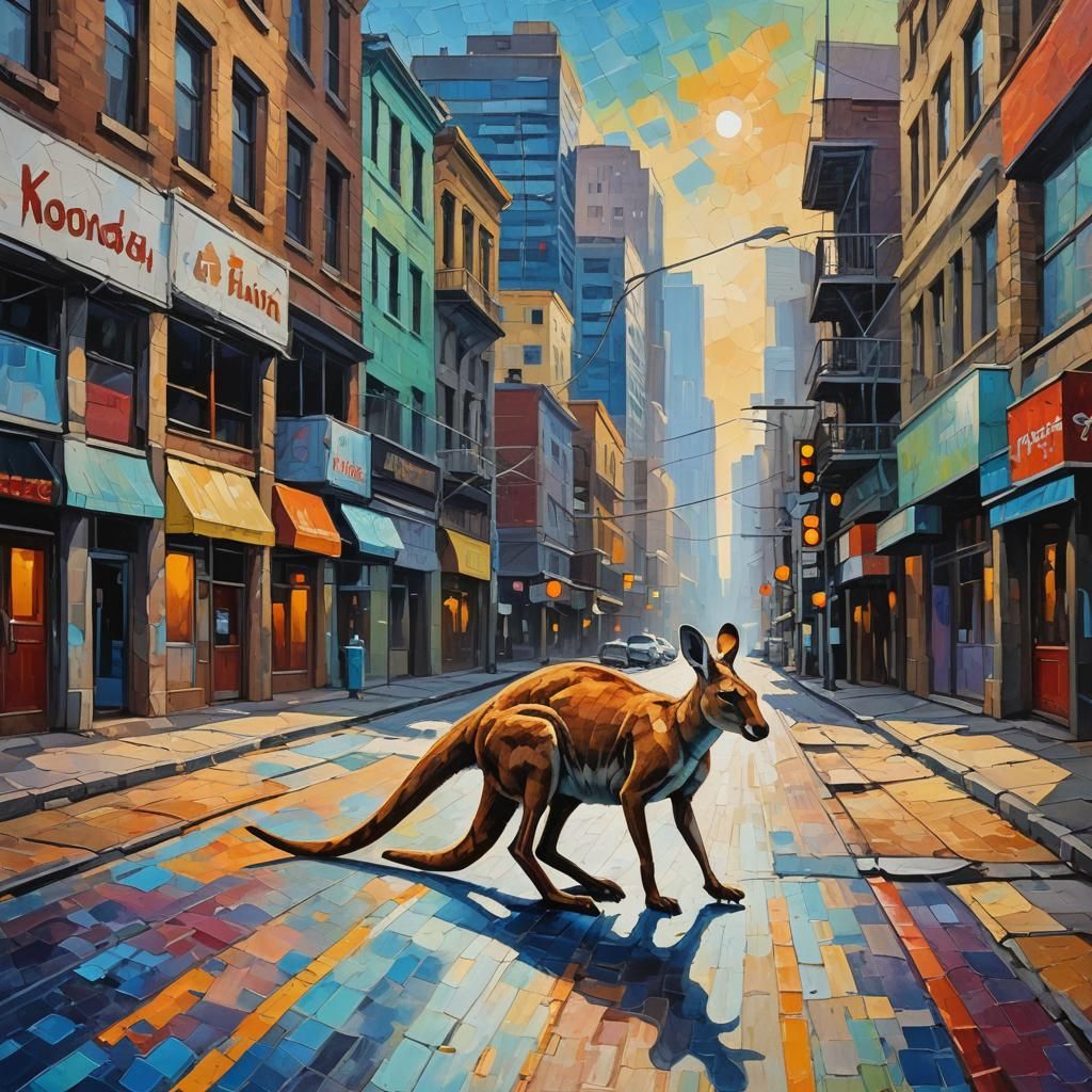 Kangaroo in Abandoned City: Neo-Impressionist Painting