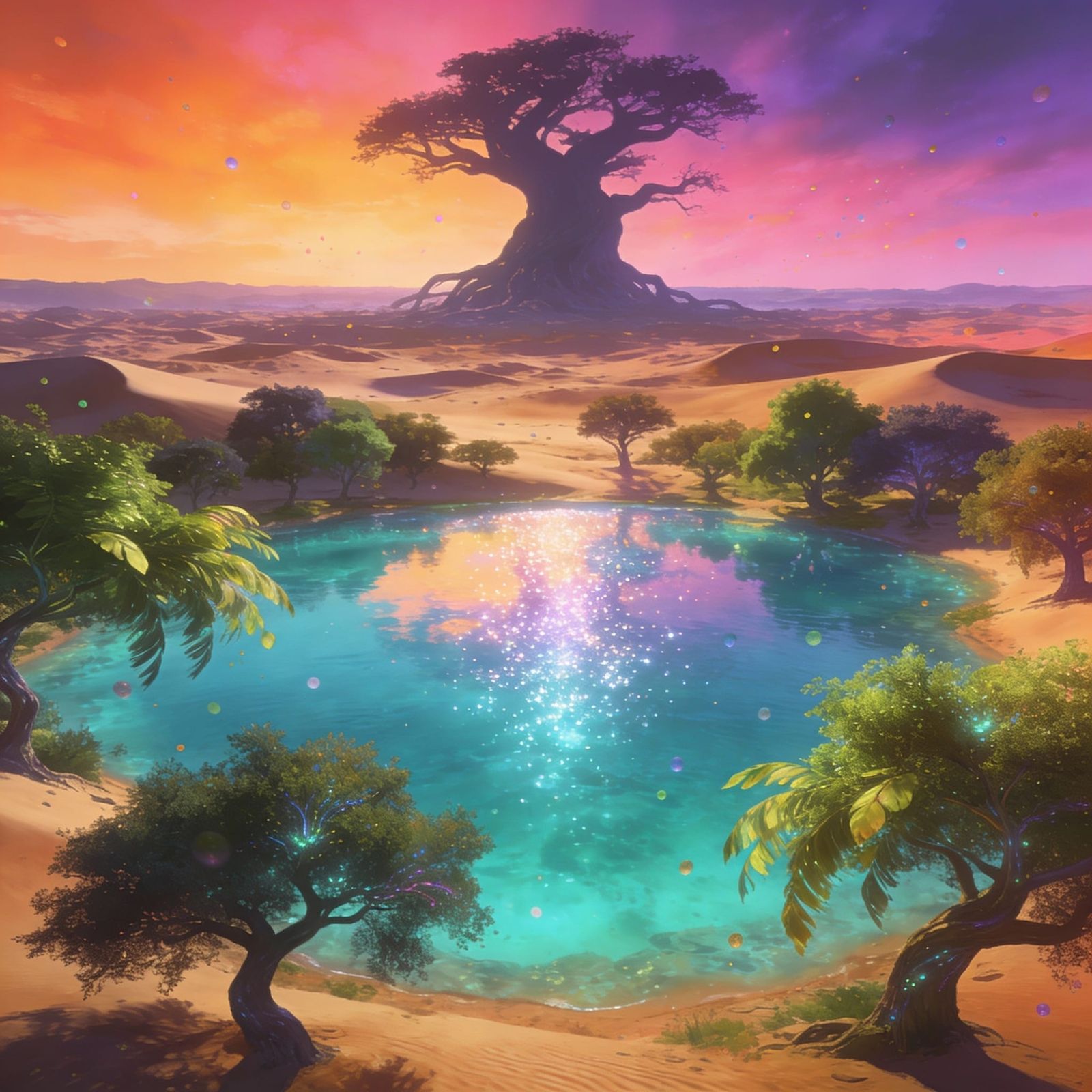 Desert Oasis With Grand Tree in Matte Painting Style