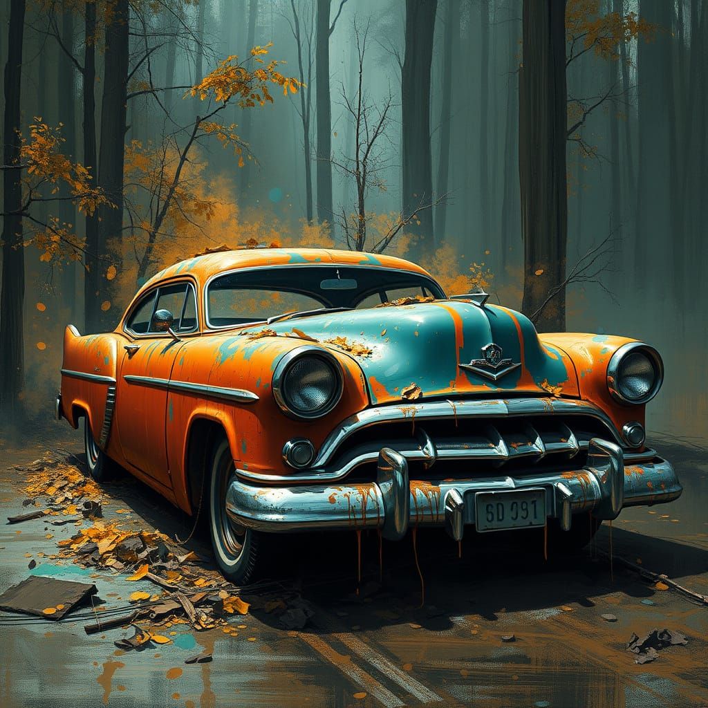 Detailed Painting of Abandoned Cars in Art Nouveau Style