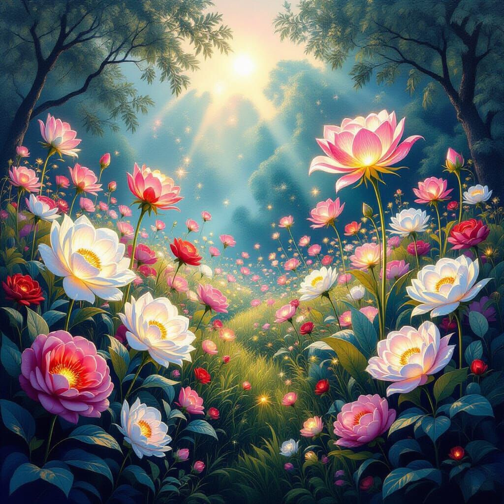 Surreal Garden of Light: Luminous Flora in Dreamlike Landsca...