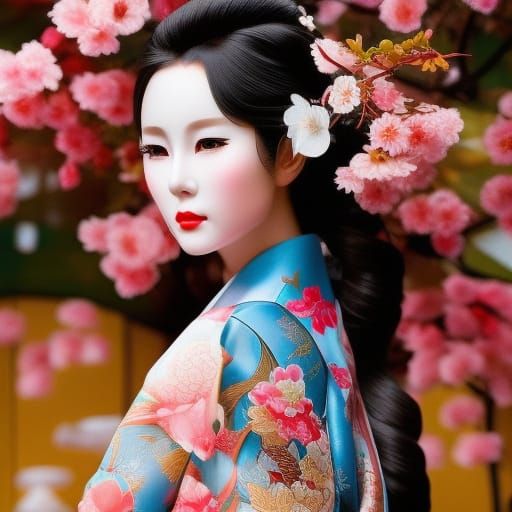 Japanese Woman in Kimono by Cherry Blossom Tree