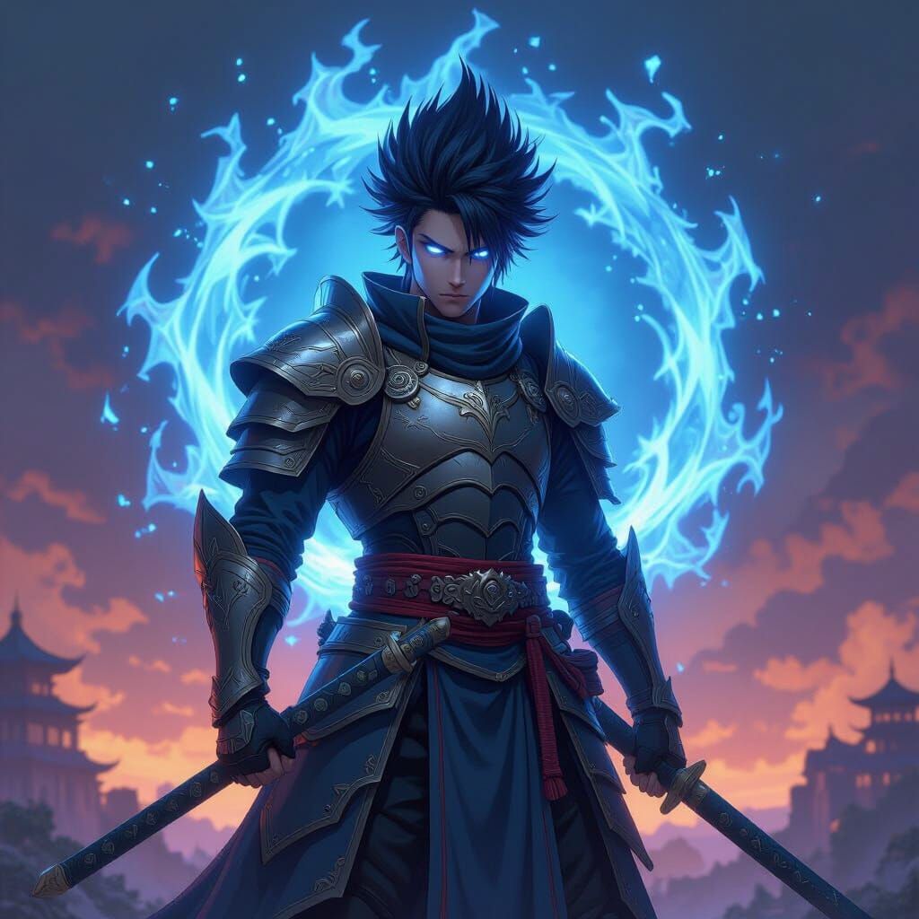 Anime Warrior with Glowing Aura in Akihiko Yoshida Style