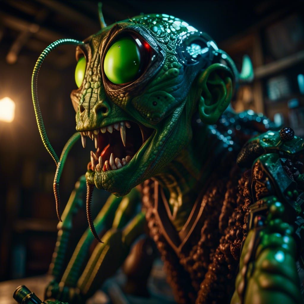 Horrifying Mutant Grasshopper Portrait in Torchlight