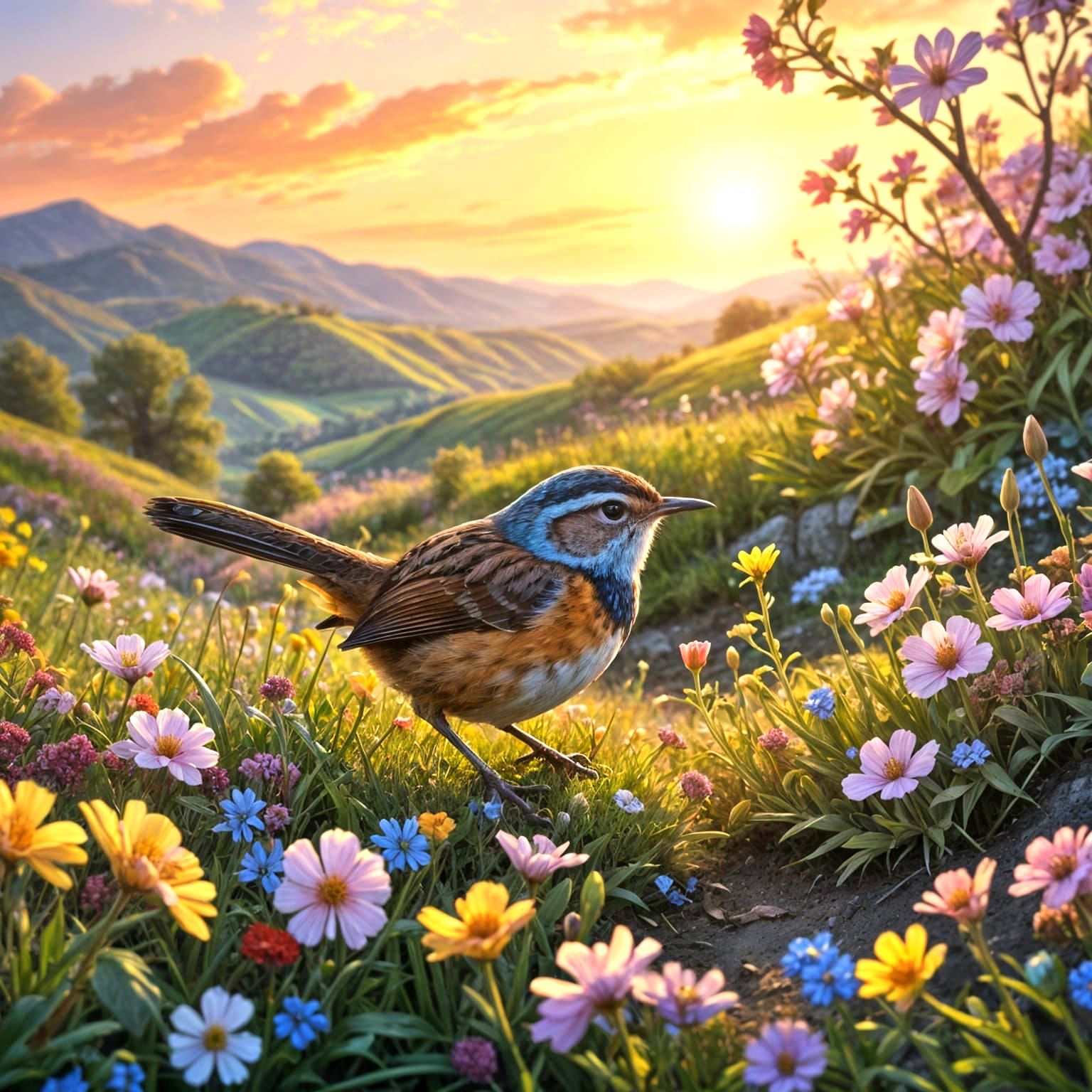 Wren Bird Gathering Branch at Sunrise