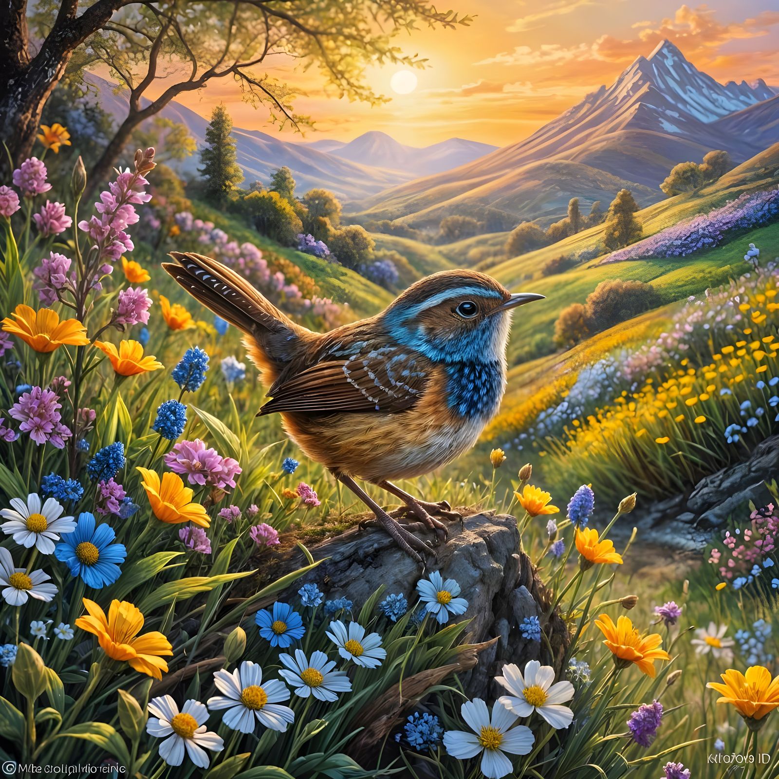 Surreal Whimsical Wren Collects Spring Blooms in Sunrise Hue...