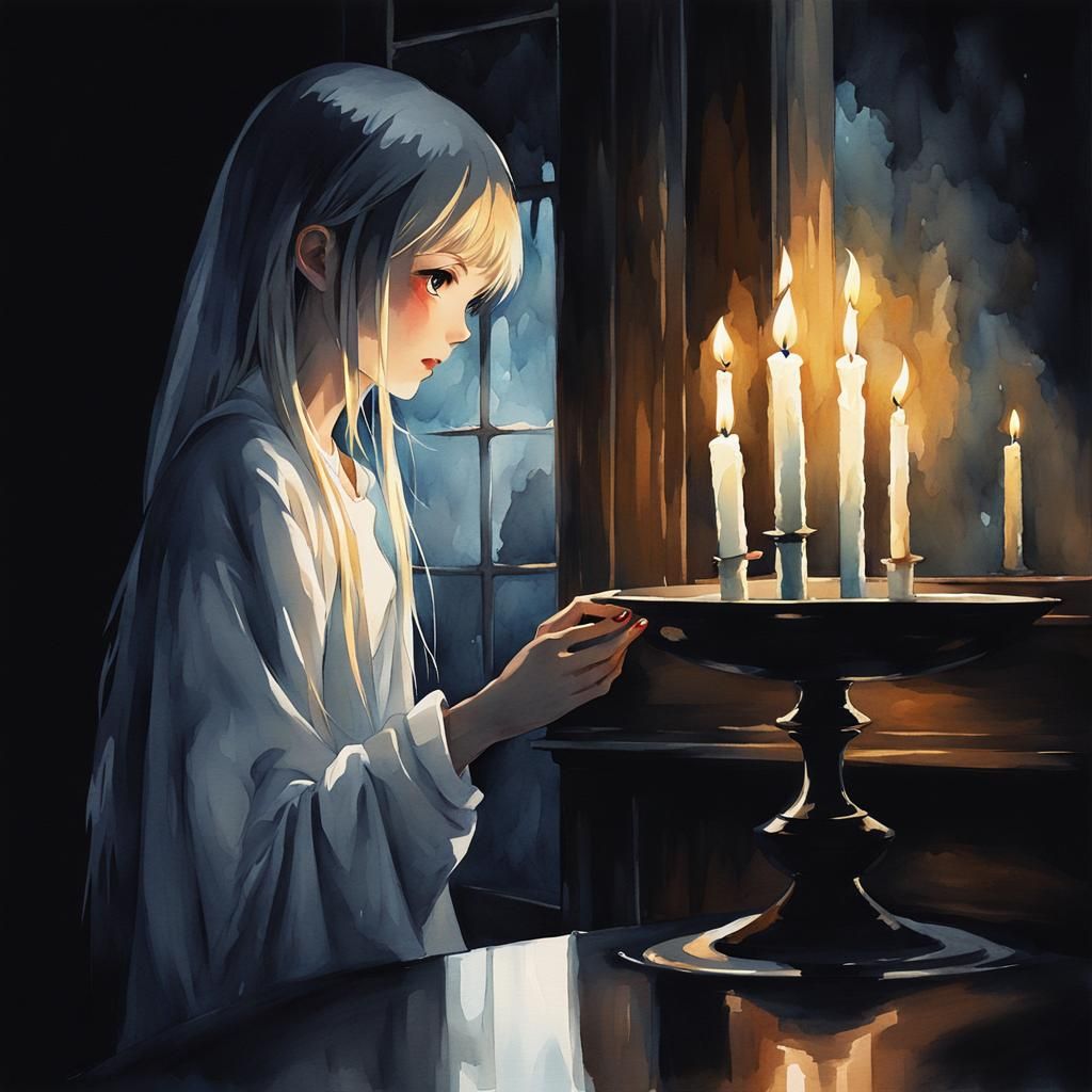 Ghost Girl's Reflection in Watercolor Anime Style