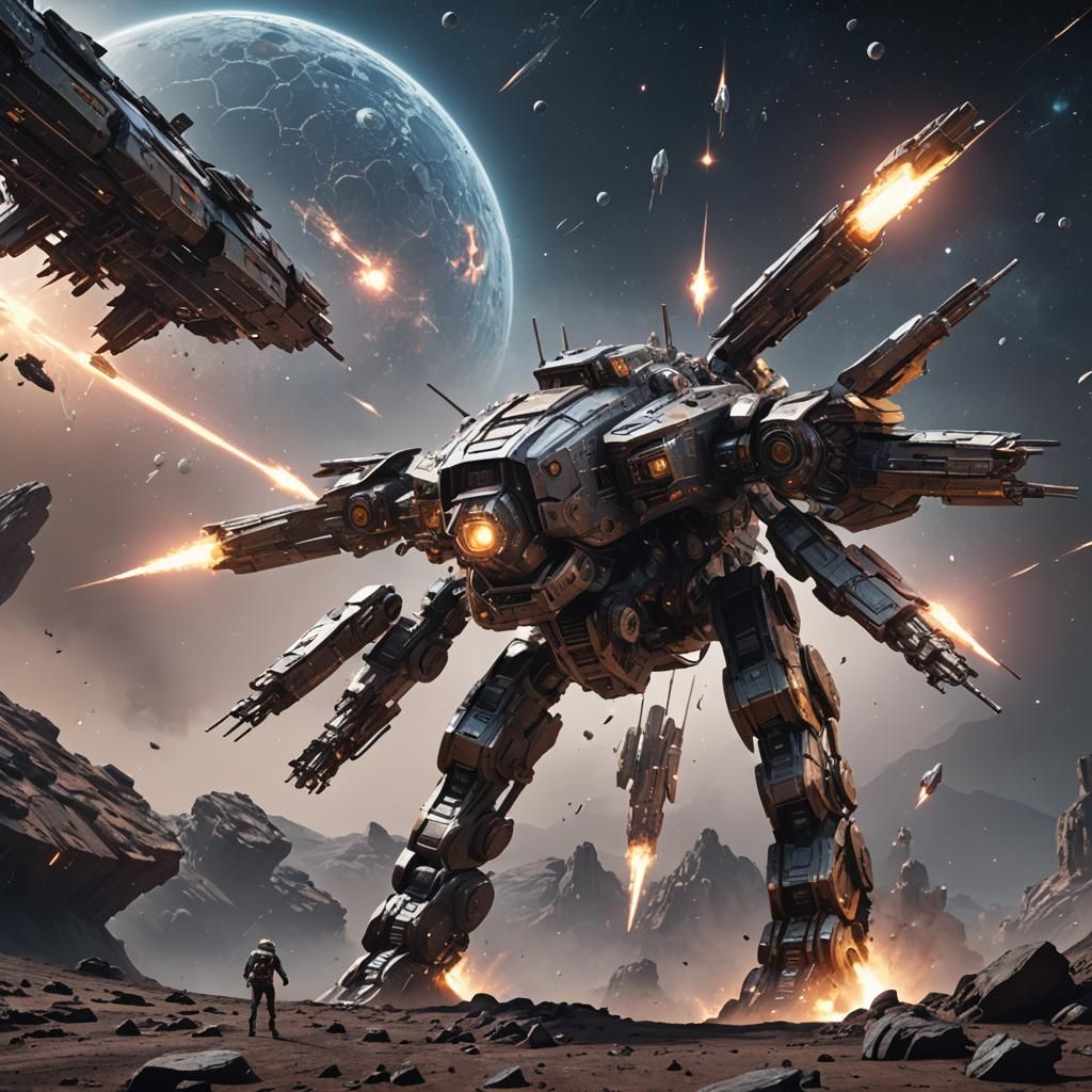 Epic Mothership War in Space with Mechs