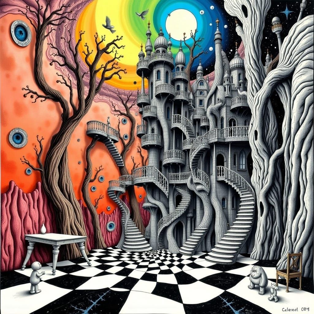 Whimsical Escher-Inspired Dollhouse with Impossible Architec...