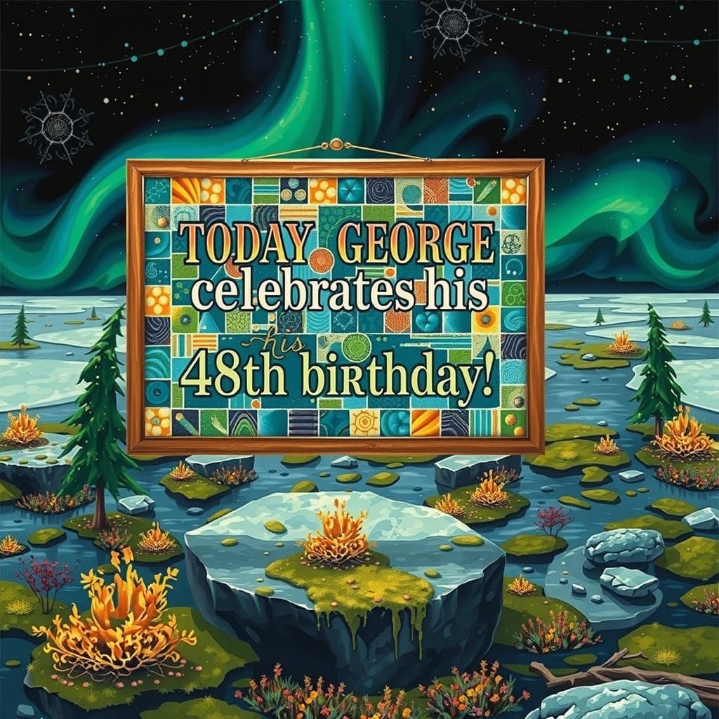 Cubist Mosaic Birthday Scene in Golden Frame