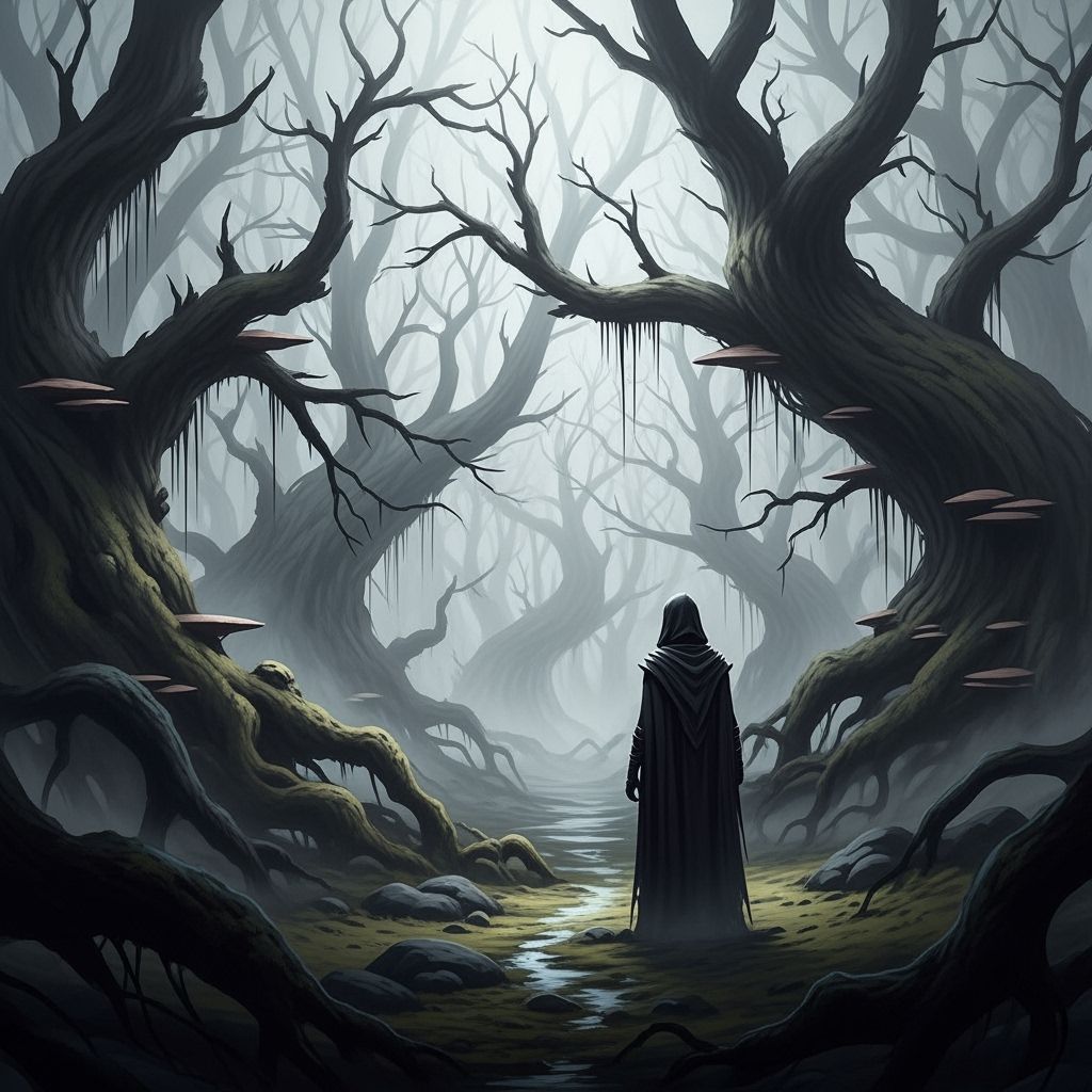 Dark Figure in Twisted Forest of Fantasy