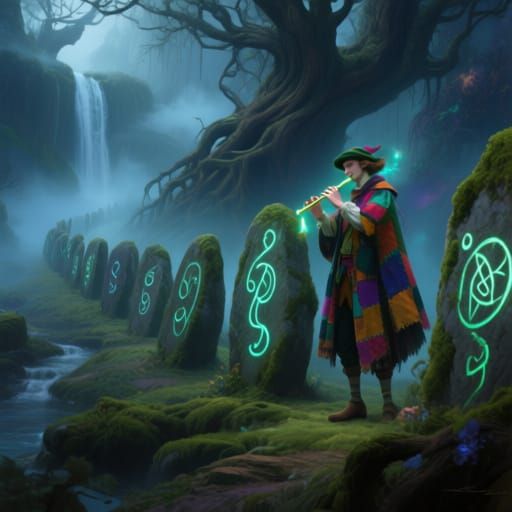 Mystical Stone Procession Led by Pied Piper in Whimsical Lan...