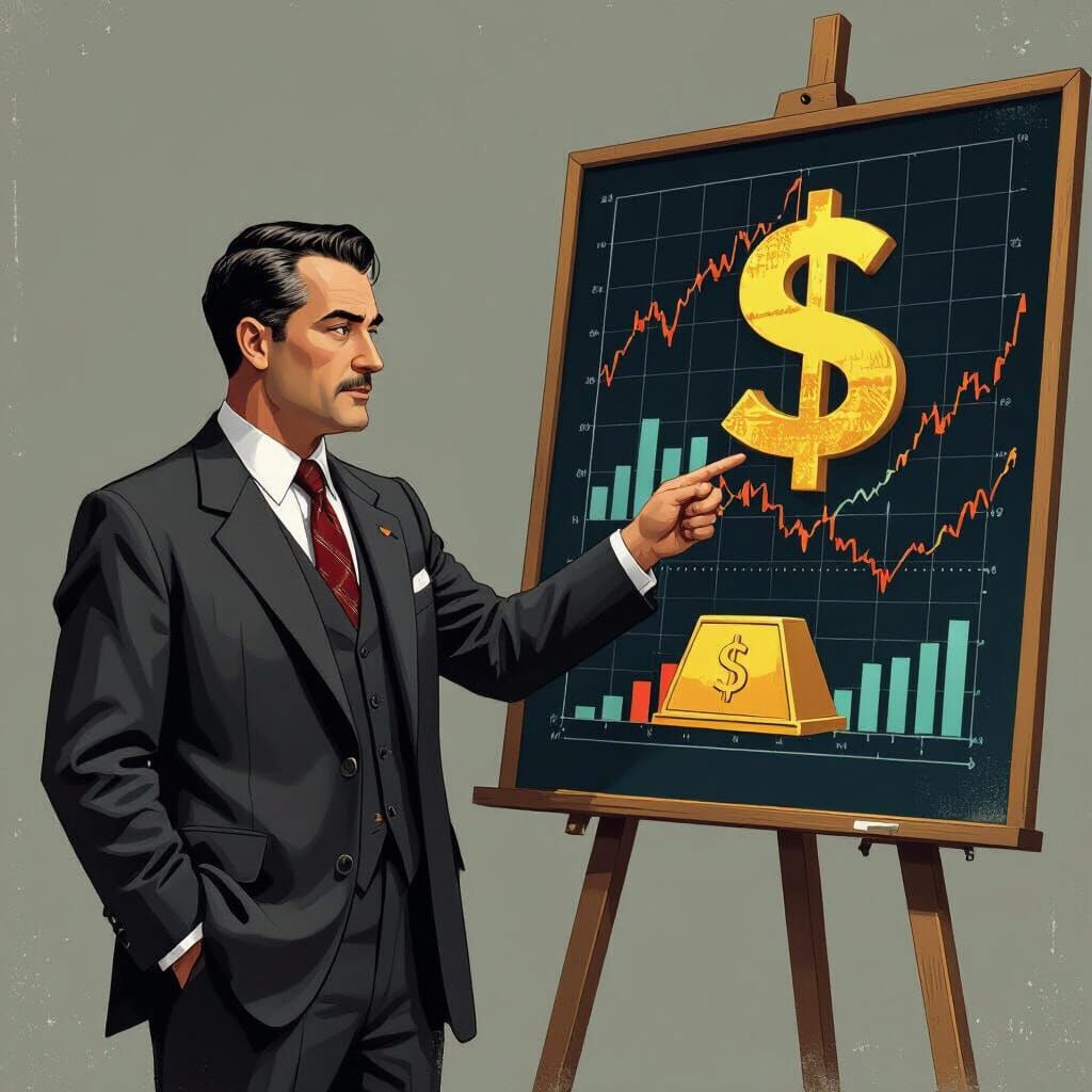 Harry Dexter White Points to Economic Chart with Gold