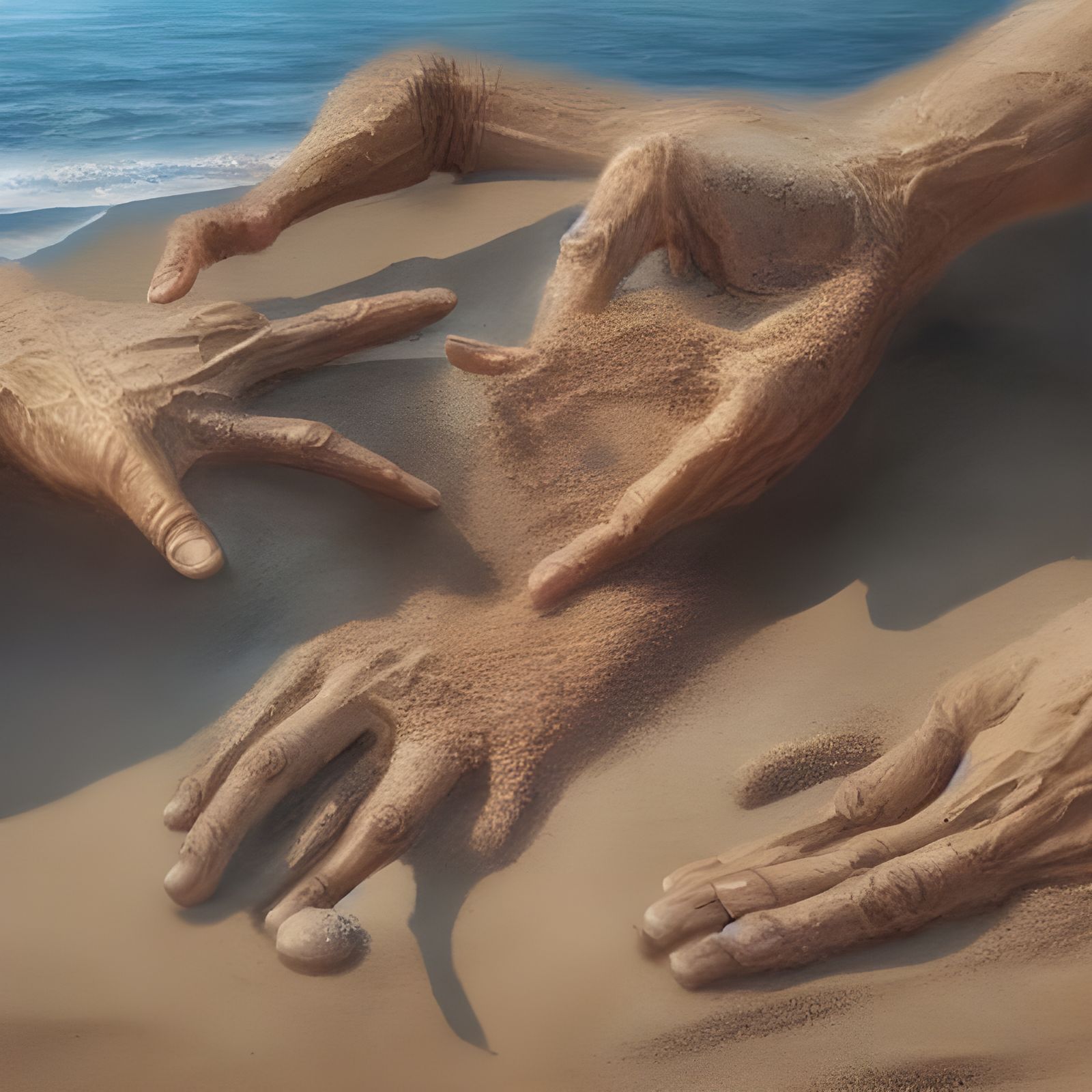 Majestic Sand Hand on the Beach in Hyperrealism
