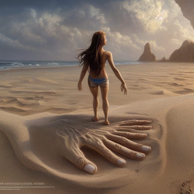 Giant Sand Hand on the Beach, Hyperrealistic Digital Art