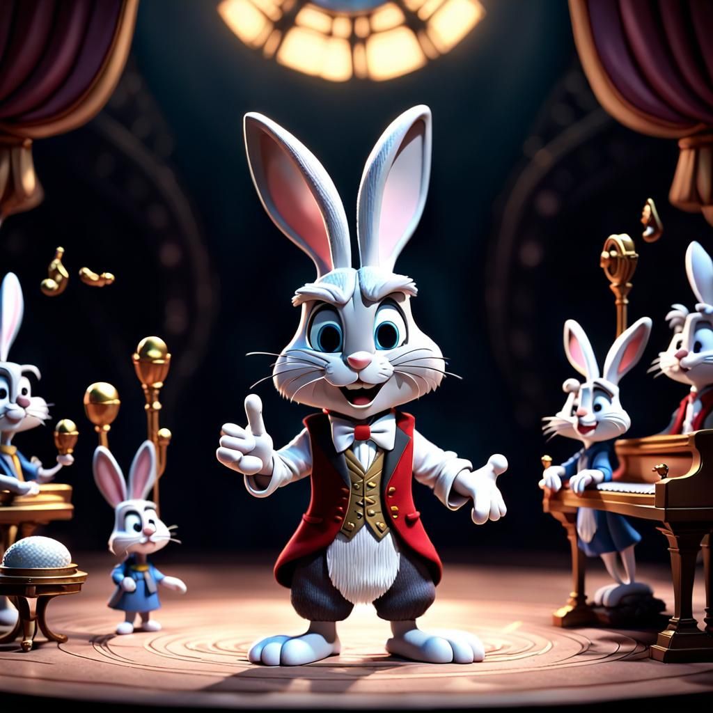 Bugs Bunny in a claymation style, portraying an opera singer