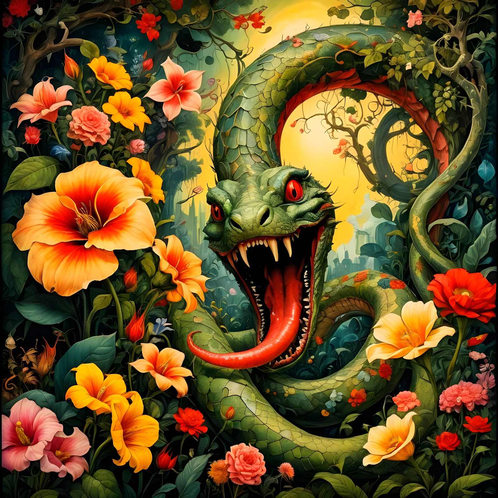 Eden's Serpent: A Lithograph in Expressionist Style