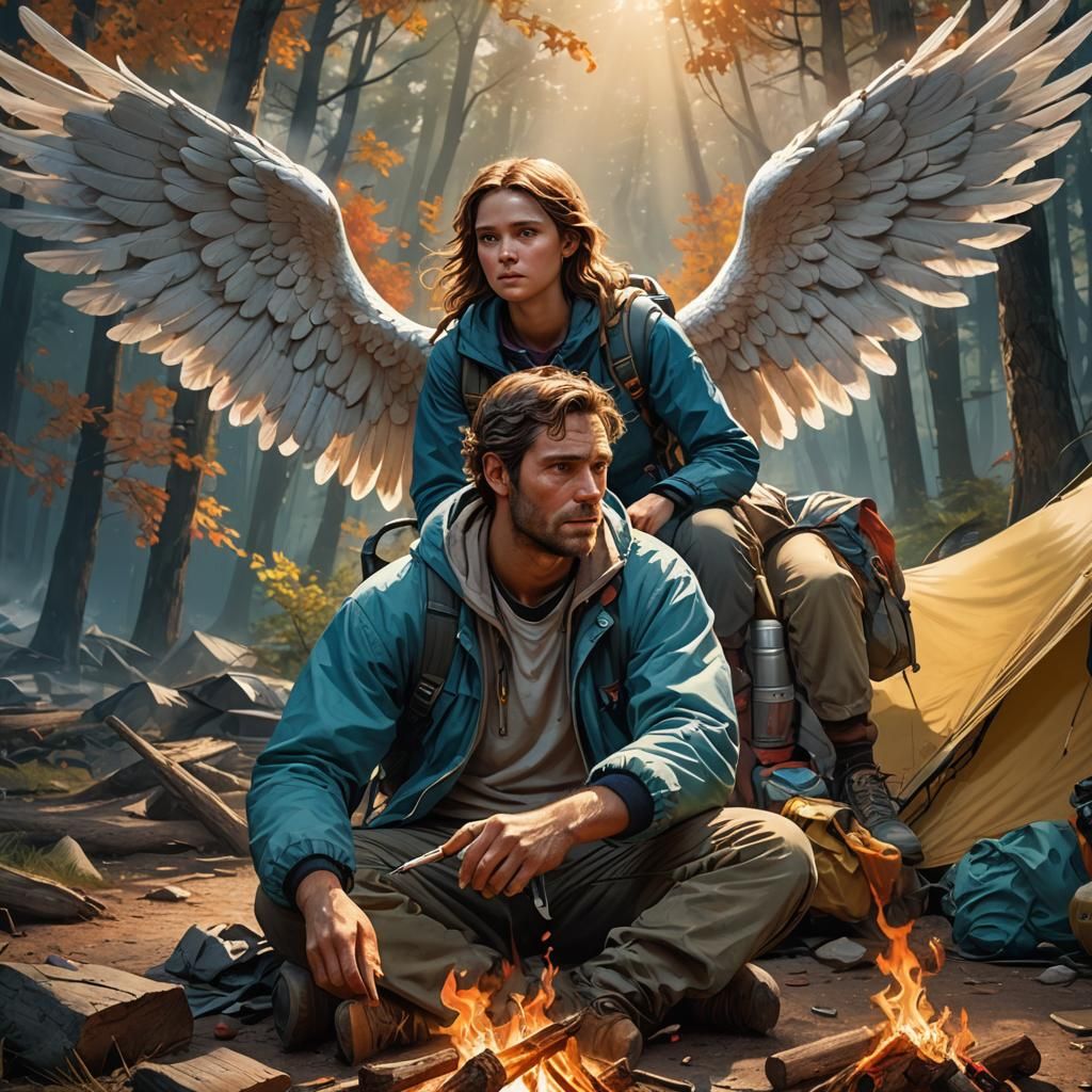 Angelic Encounter: A Hyperrealistic Camping Scene
