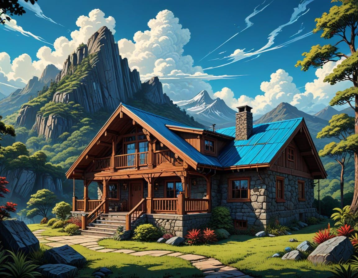 Majestic Mountain Cabin in Comic Book Style