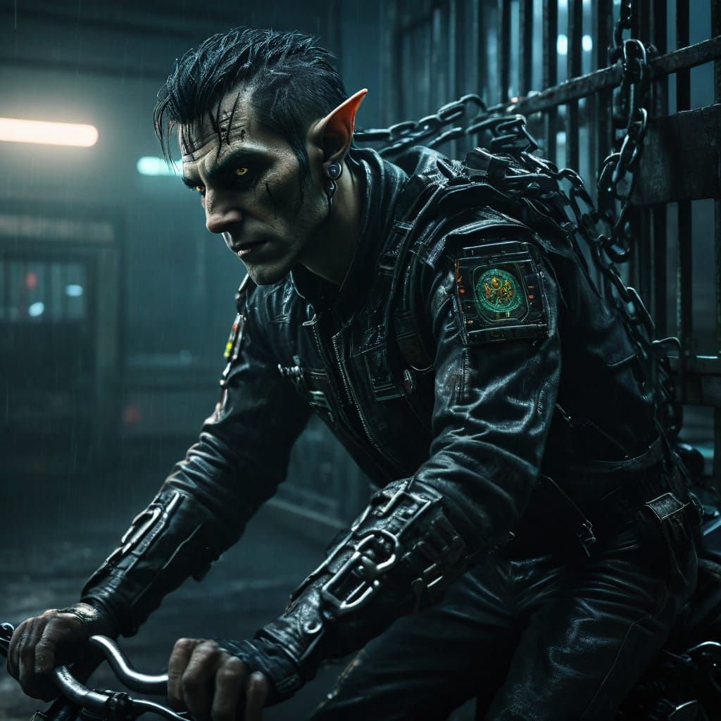 Elf on Motorcycle in Cyberpunk Prison