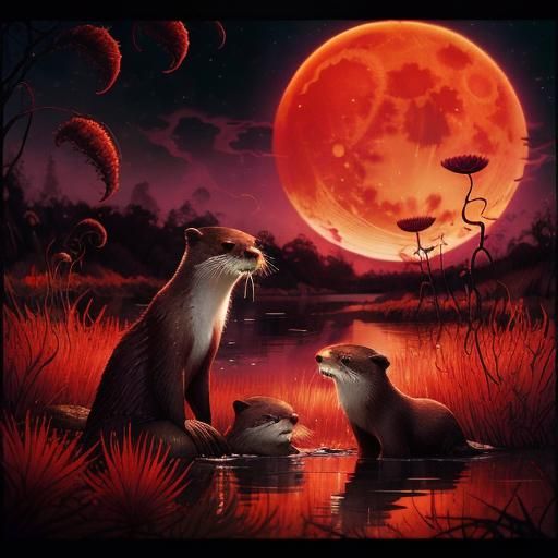 Otter Family Play Under Red Moon: Color Print Art