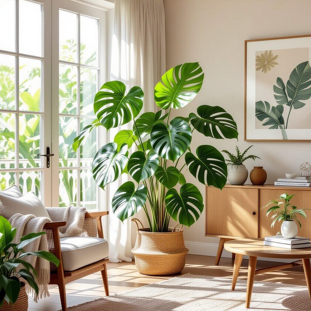Lush Monstera in Boho Living Room with Natural Light