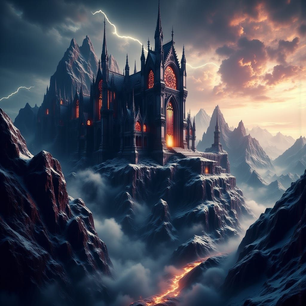 Gothic Cathedral on Snowy Peak in Dark Fantasy Style