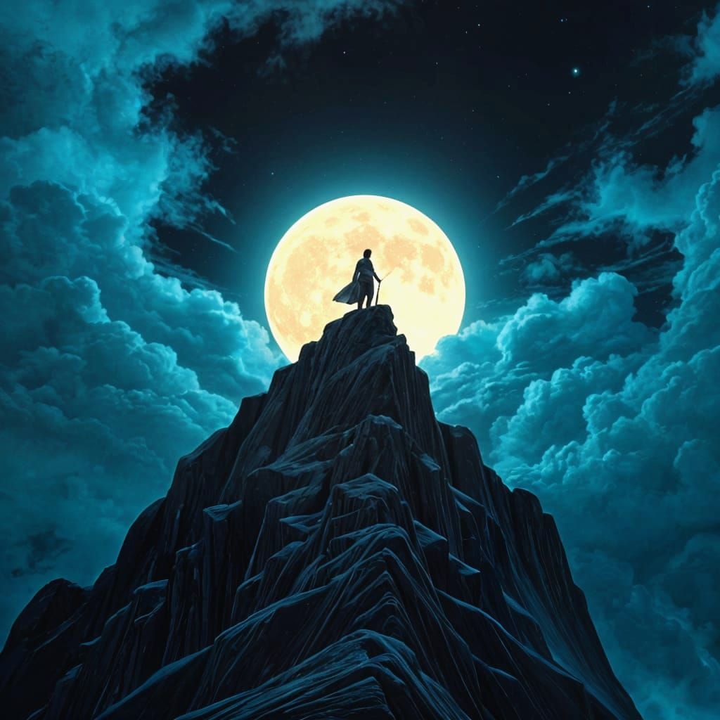 Mystical Night Scene: Lone Figure Under Moonlight