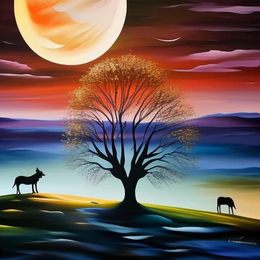 Tree Silhouette Against Moon in Impasto Style