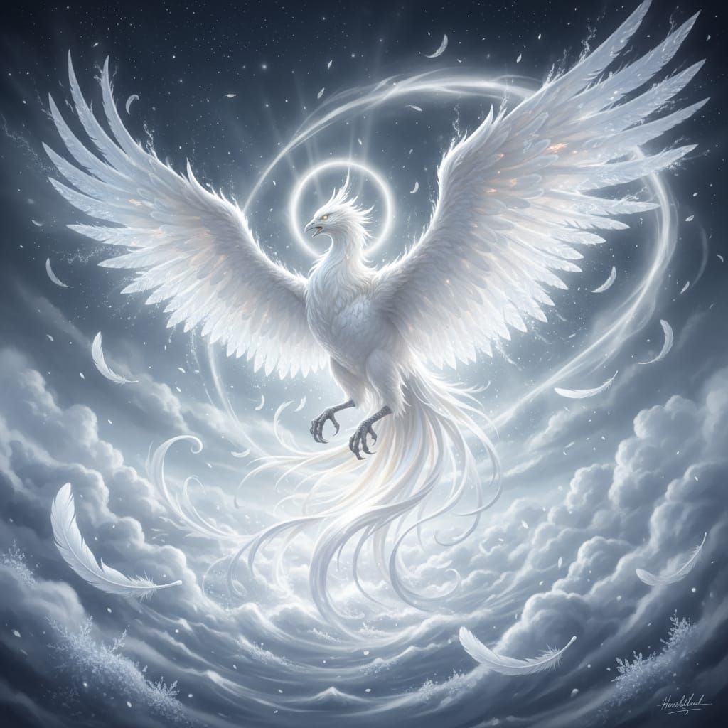 Majestic White Phoenix Ascends Through Frosted Clouds