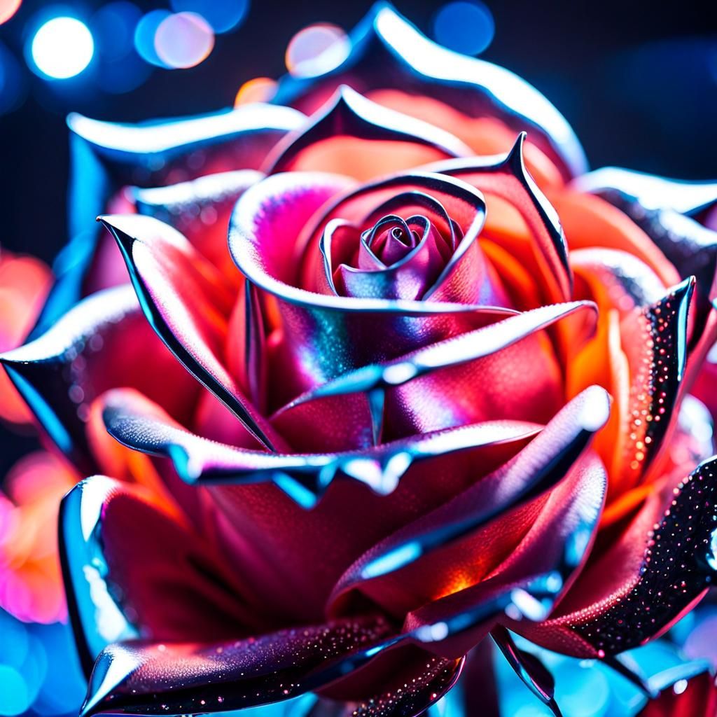 Cyberpunk Metal Rose with Iridescent Petals