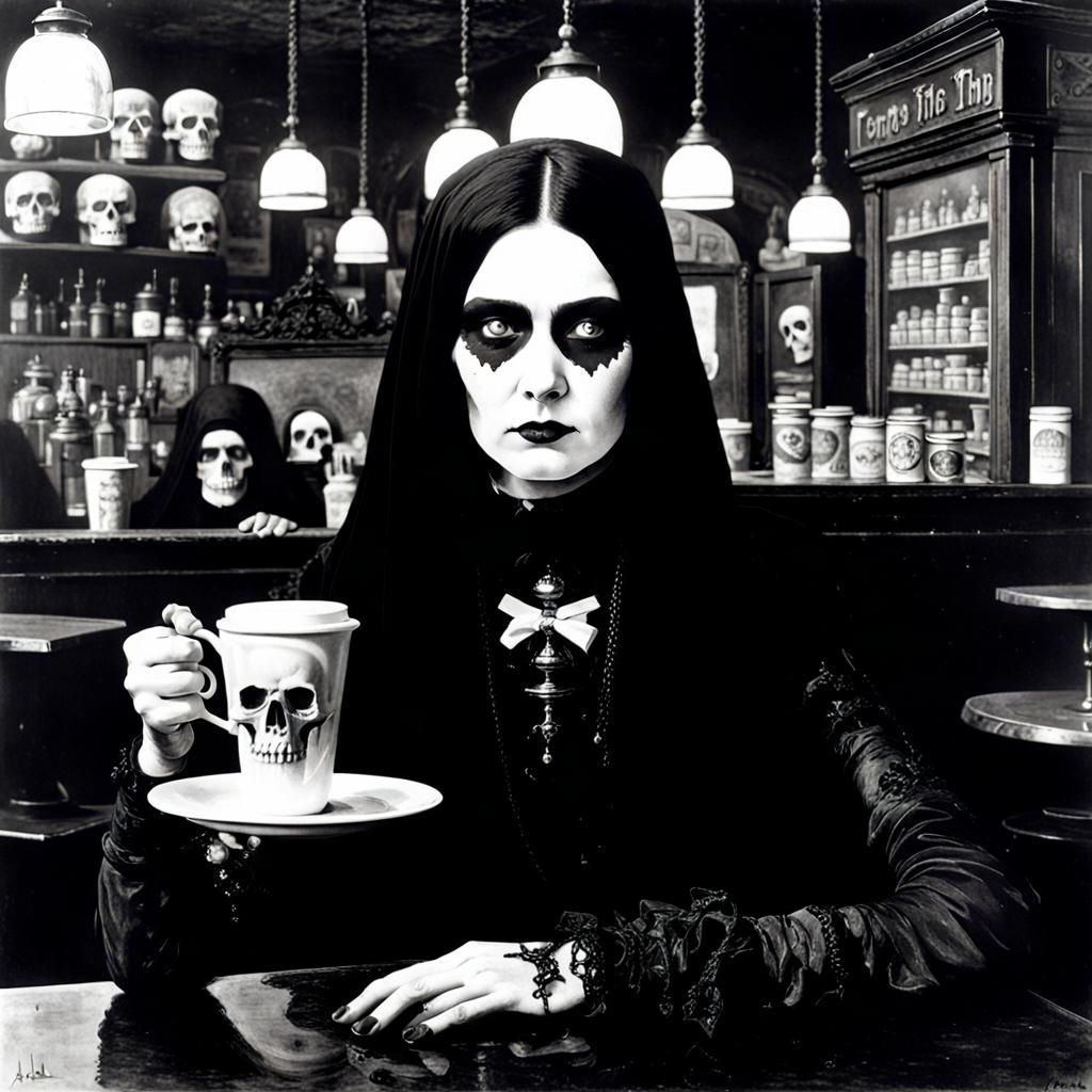 Gothic Model in Böcklin-Inspired Coffee Shop