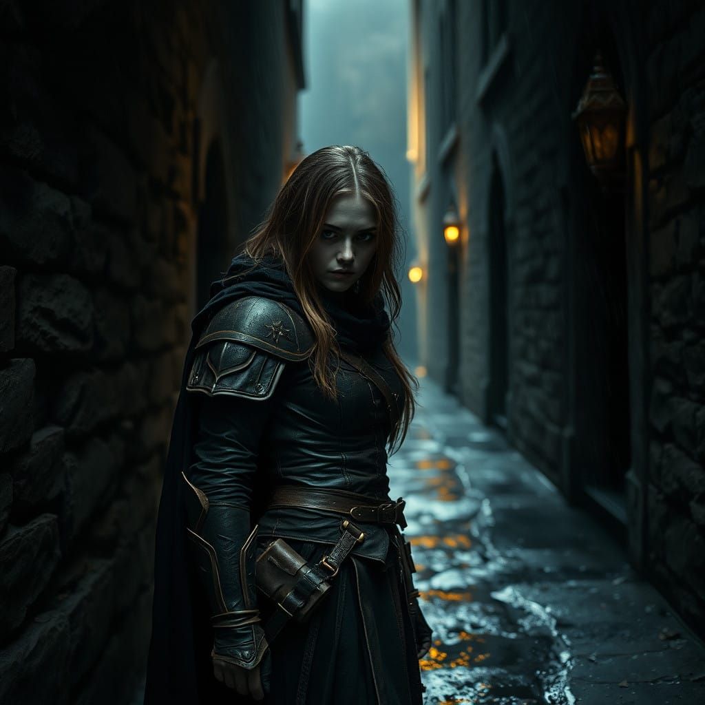 Gritty Fantasy Heroine in Dark Alleyway